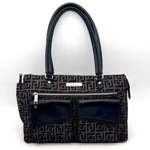 Vanessa Fiorelli Satchel Purse Black Gray Geometric Jacquard Zippers & Snaps